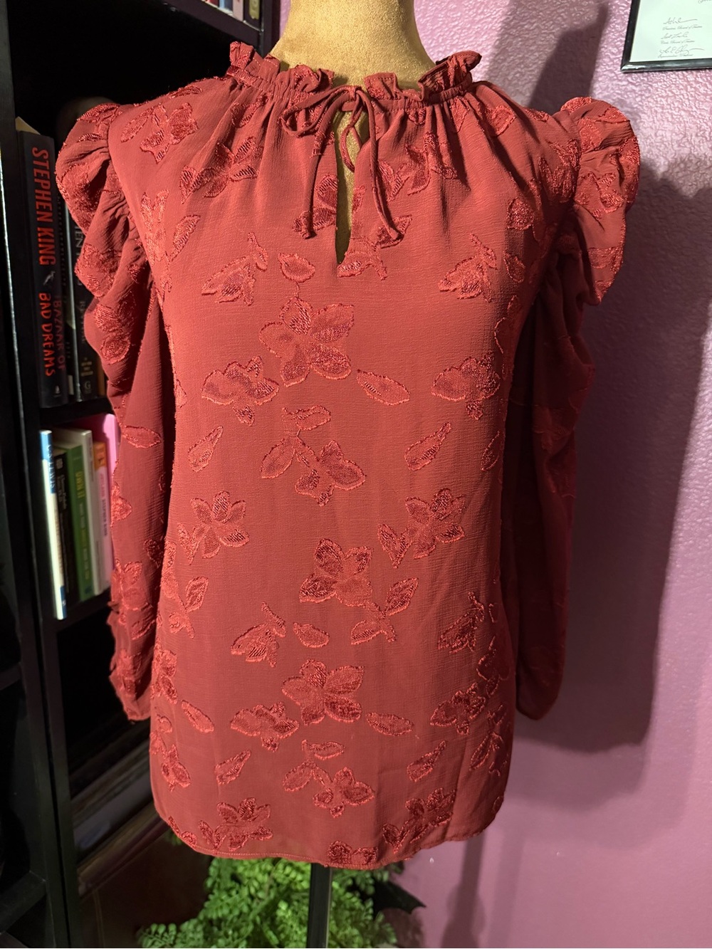 CeCe deep burgundy Textured Floral Long-Sleeve Blouse